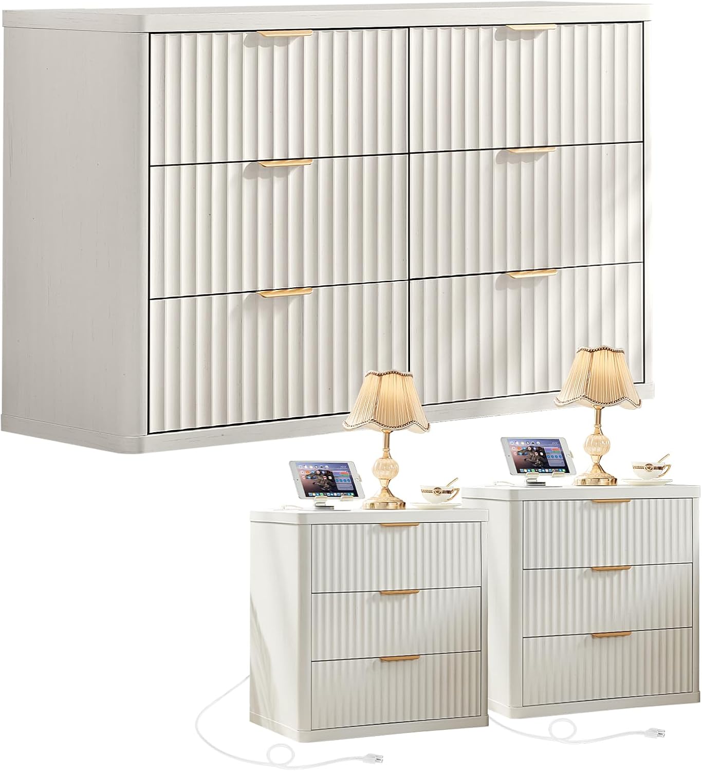 LEYAOYAO Fluted Dresser and 3 Drawers Nightstand Set of 2, Wood 48' Wide Dresser & 23' Night Stand with Charging Station, 3 Piece Bedroom Furniture Set, Chest of Drawers for Living Room,Antique White