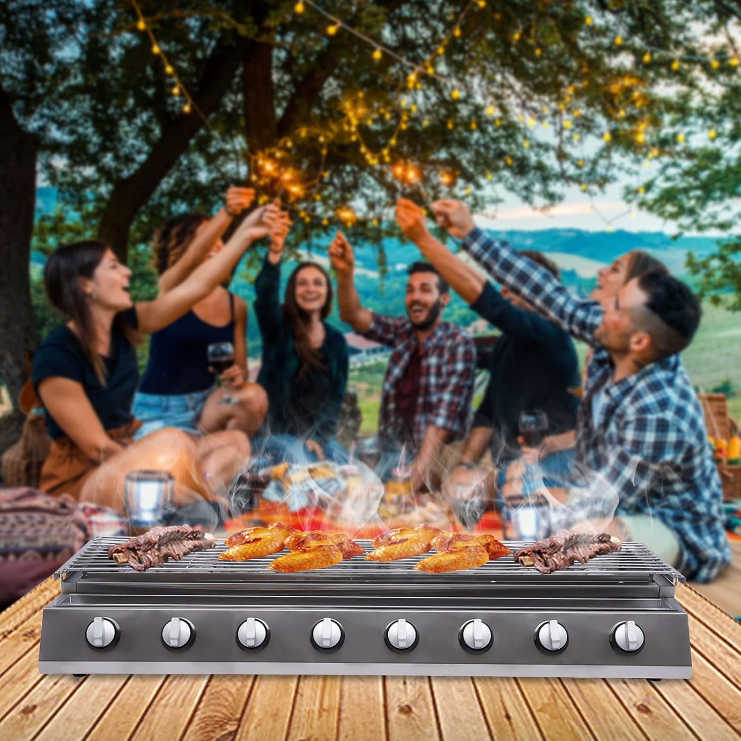 8 Burner BBQ Gas Grill, Stainless Steel LPG Propane Indoor Steak Grill Countertop Flat Top Griddle Tabletop Patio Garden Barbecue Grill with Removable Grill Net for Kitchen, Height Adjustable