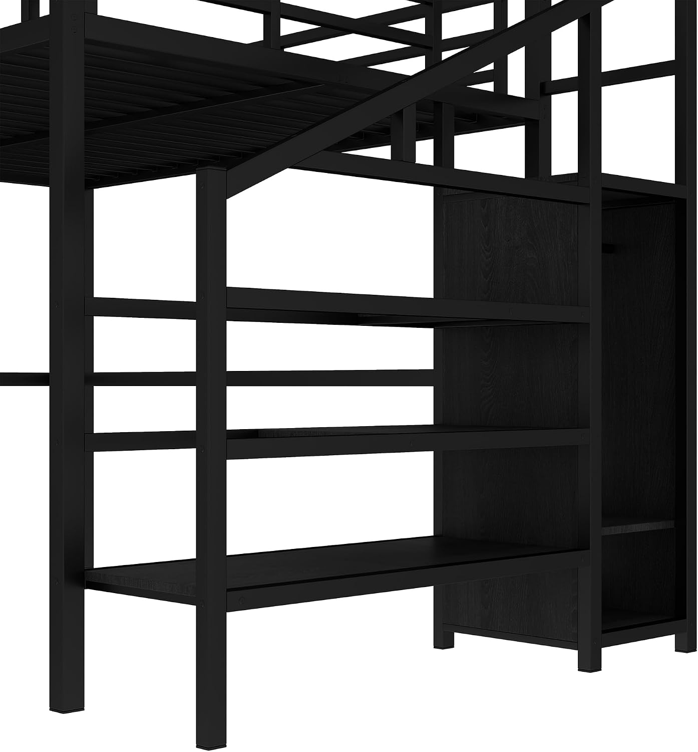 Bellemave Metal Queen Size Loft Bed with Desk and Storage Stairs,Heavy Duty Loft Bed Frame Queen Size with LED Lights,Wardrobe and Charging Station for Kids,Teens,Adults,Black