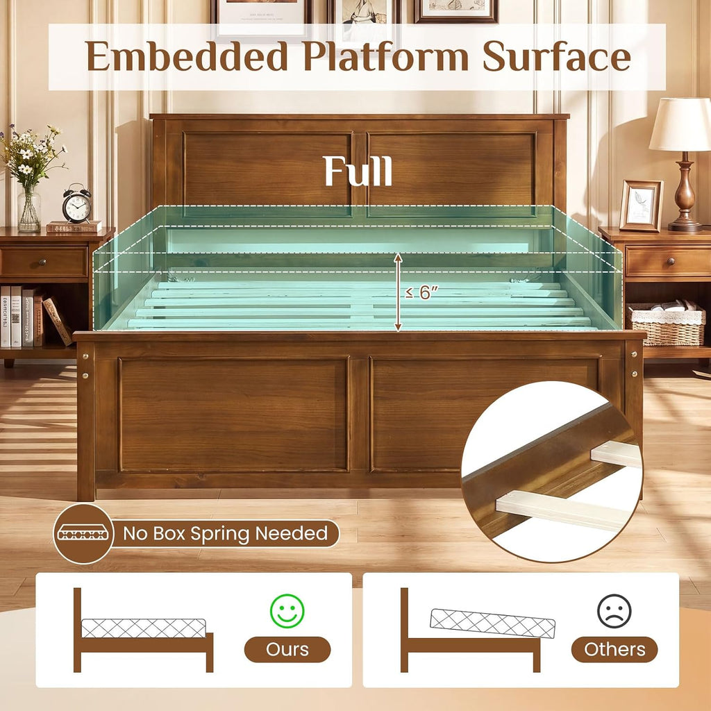 Giantex Wood Full Size Bed Frame with Headboard, Farmhouse Solid Platform Bed w/Wooden Slat Support Mattress Foundation, Under-Bed Storage, No Box Spring Needed, Walnut