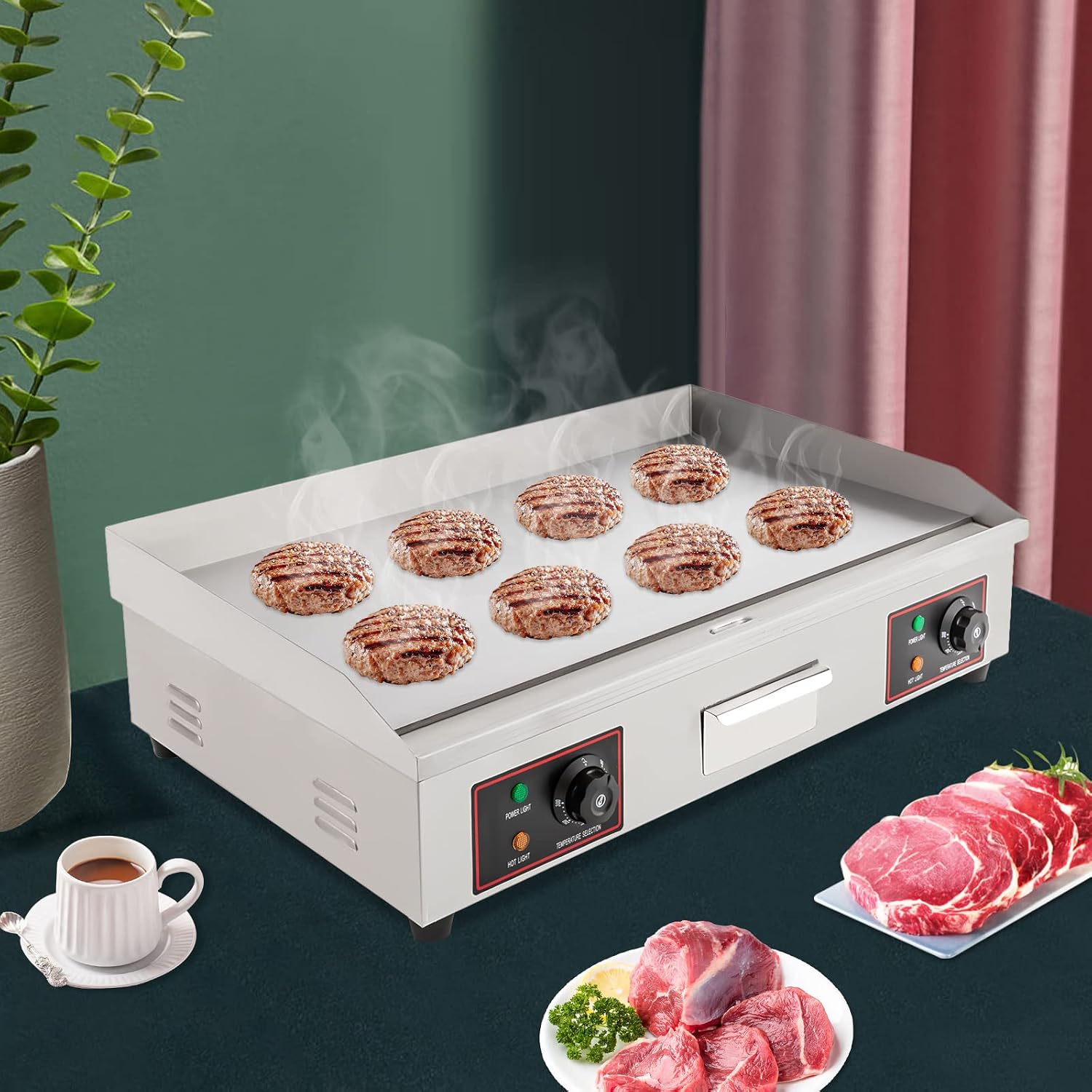 110V Commercial Griddle, Electric Countertop Griddle Commercial Flat Top Grill 50°C-300°C/122°F-572°F Temperature Range for Processing Vegetables, Chicken Fillet 28.7 x 18.9 x 9.06 Inch