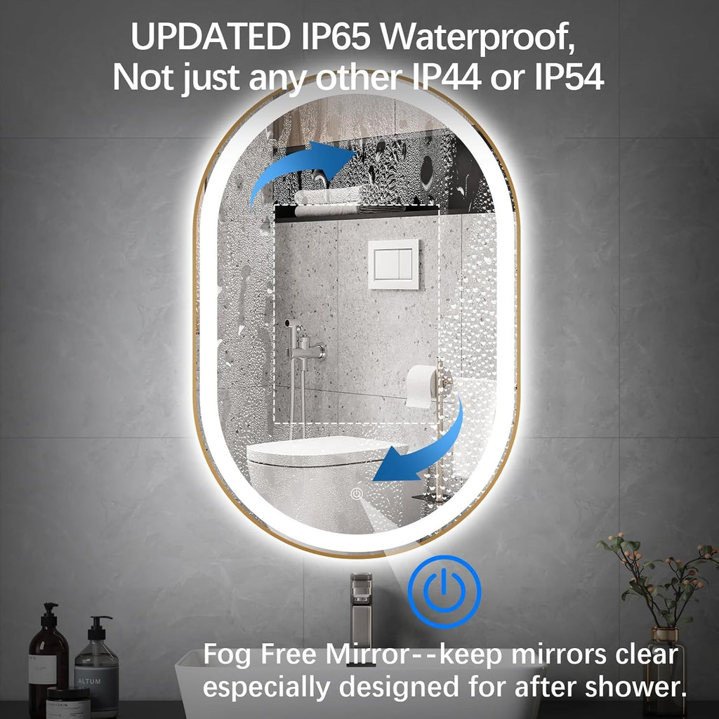 Oval LED Bathroom Mirror, 36'x24' Backlit Vanity Mirror with Light for Wall with Gold Frame, Anti-Fog, Dimmable, Frontlit, 3 Colors, Memory Function, IP65 Waterproof, UL Listed, Horizontal/Vertical