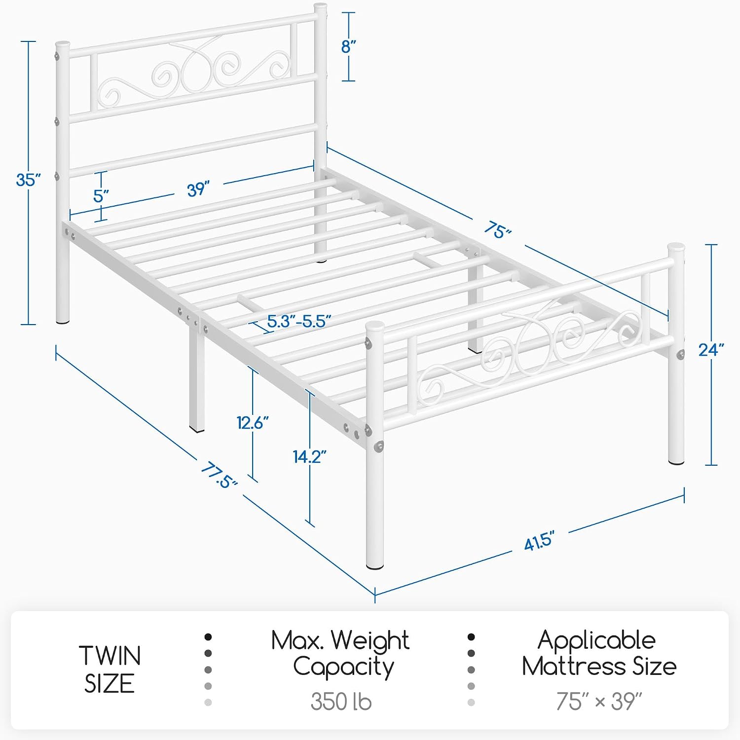 Yaheetech 2 Pcs Classic Metal Platform Bed Frame with Headboard and Footboard Flower Design Mattress Foundation Easy Set Up Structure Twin Size White