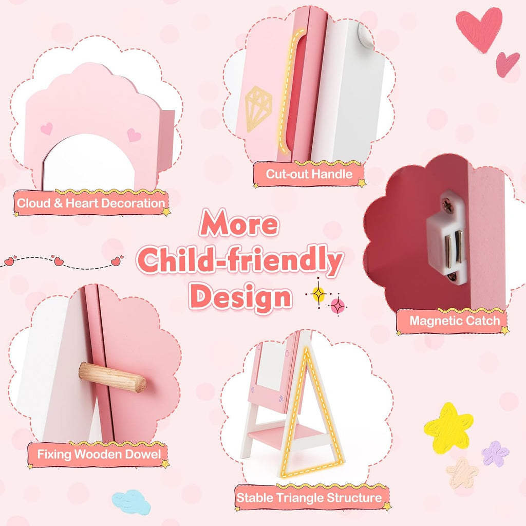 Costzon Kids Vanity & Jewelry Armoire Cabinet, Kids Makeup Vanity Table and Chair Set, Standing Jewelry Organizer with Full-Length Mirror, Kids Bedroom Furniture Set for Girls (Pink)