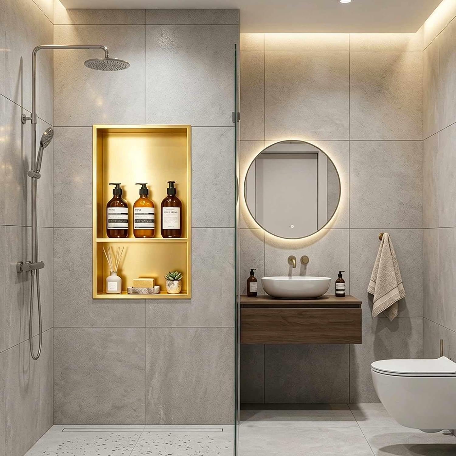 SaniteModar Shower Niche, Stainless Steel Shower Niche No Tile Needed, Recessed for Bathroom Storage (Brushed Gold, 12' x 24' D)