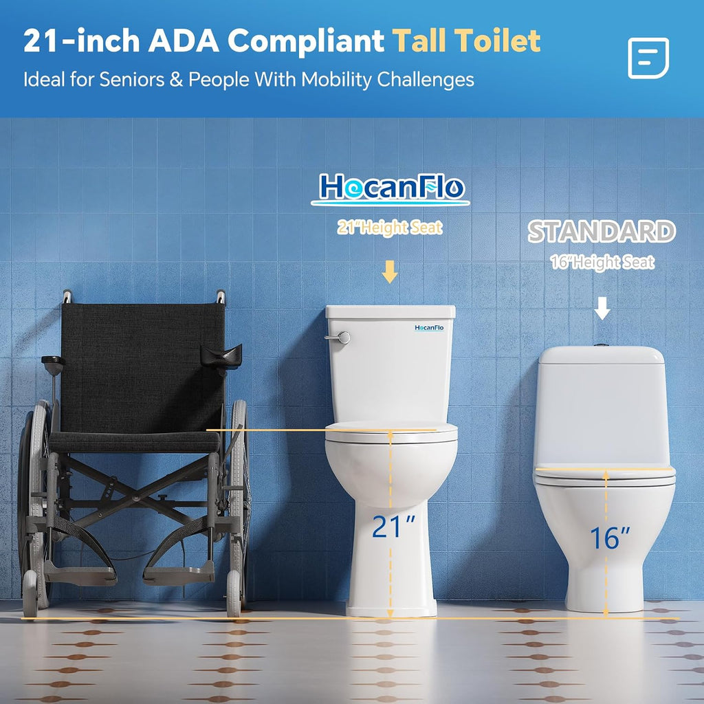 Upflush Macerating Toilet System – 21' ADA Compliant Tall Toilet with Macerator Pump Durable Copper Grinder with 4 Inlets for Basement Kitchen, Shower, Sink & Laundry, Extension Pipe Included