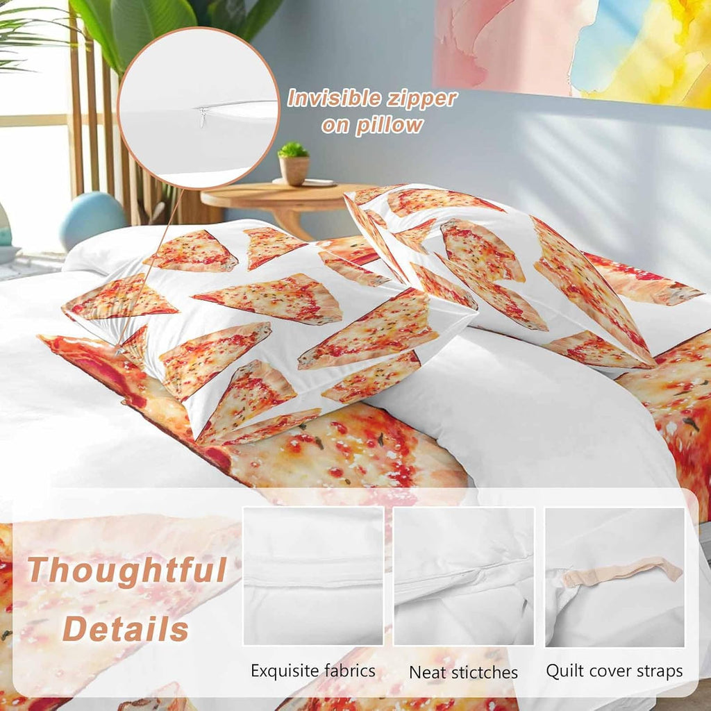 Prime Leader Realistic Food Duvet Cover Set Queen Size 4 Pieces Yummy Italy Naples Thin Crust Pizza Bedding Set with Zipper Closure, 1 Comforter Cover 92x106 Inches 1 Flat Sheet & 2 Pillow Cases