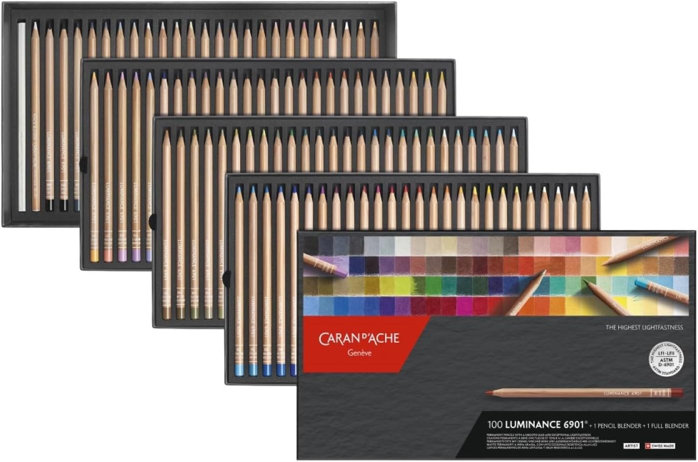 Caran d'Ache Luminance 6901 Box of 100 Individual Coloured, Artists, Colour Coded Pencils & 1 Full & 1 Pencil Blender