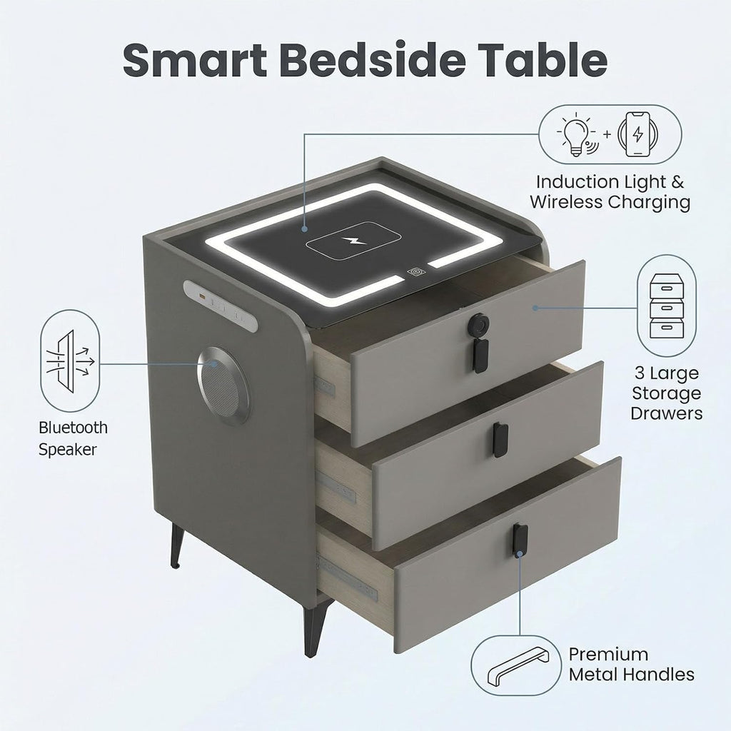 LED Nightstands Set of 2, Night Stands for Bedroom with Charging Station and Fingerprint Lock, Bedside Table with Power Outlets & 3 Drawers No Assembly Modern End Side Table (Grey)