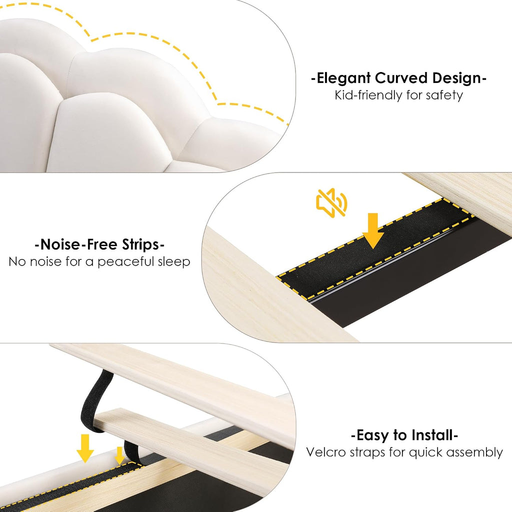 HIFIT 2 Set Twin Bed Frame with Storage and LED Light for Girls, Twin Size Upholstered LED Bed Frame with Drawer & Chic Double Petal Headboard, Solid Wood Slat, Kids Platform w/Storage, Beige