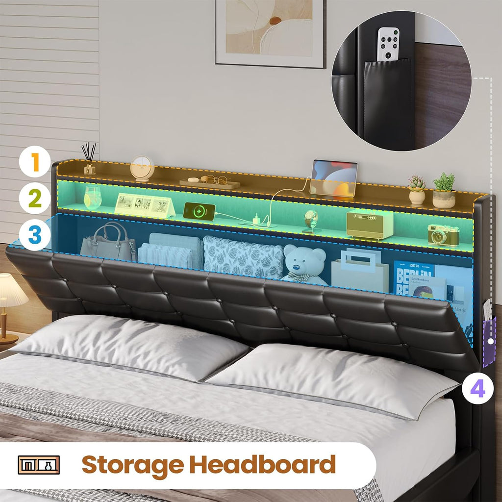 BTHFST Full Size Bed Frame with Lift Up Storage, Power Outlet & RGB Lights, Headboard with Hidden Storage Cubby, PU Leather Upholstered Platform Bed, No Box Spring Needed, PU Black