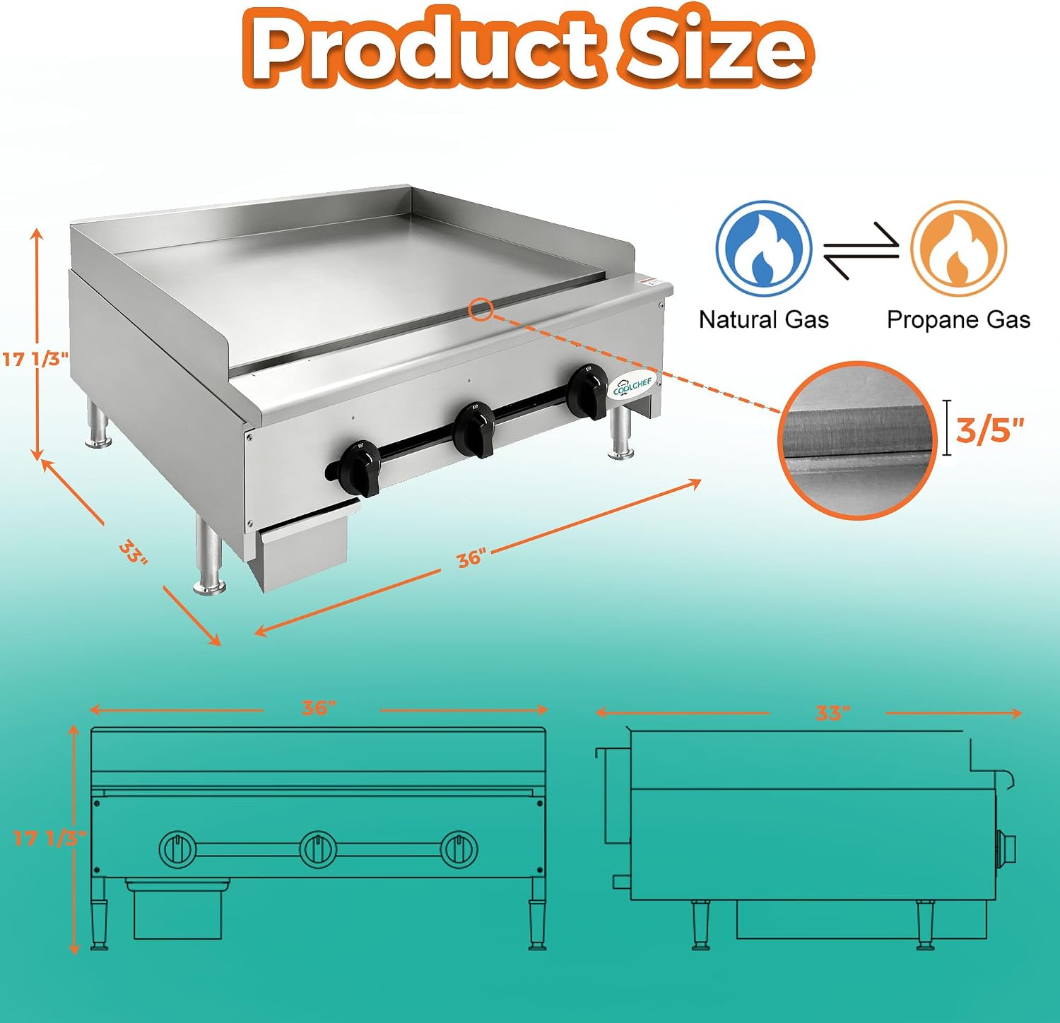 Commercial Gas Griddle - 36' Electric Countertop 90,000 BTU Flat Top Griddle, Natural Gas (NG) / Propane, CSA Certified Stainless Steel Teppanyaki Grill for Restaurants (36' W)