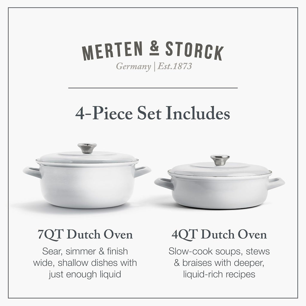 Merten & Storck 3.7QT & 5.5QT Dutch Ovens with Lids, 4 Piece Cookware Set, European Crafted Enameled Iron Stockpot, Induction & All Cooktops, Braising, Stews, Roasting, Slow Cooking, Sourdough, Gray