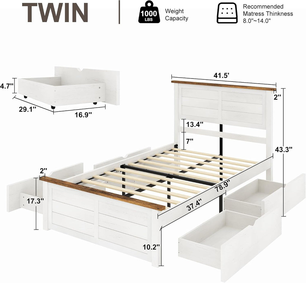 LUXOAK Twin Size Farmhouse Wooden Bed Frame with Headboard and 4 Sliding Drawers, Barn Door Panel Platform Bed with Wood Slats, Heavy Duty Mattress Foundation, Non-Slip & Noise-Free, Antique White