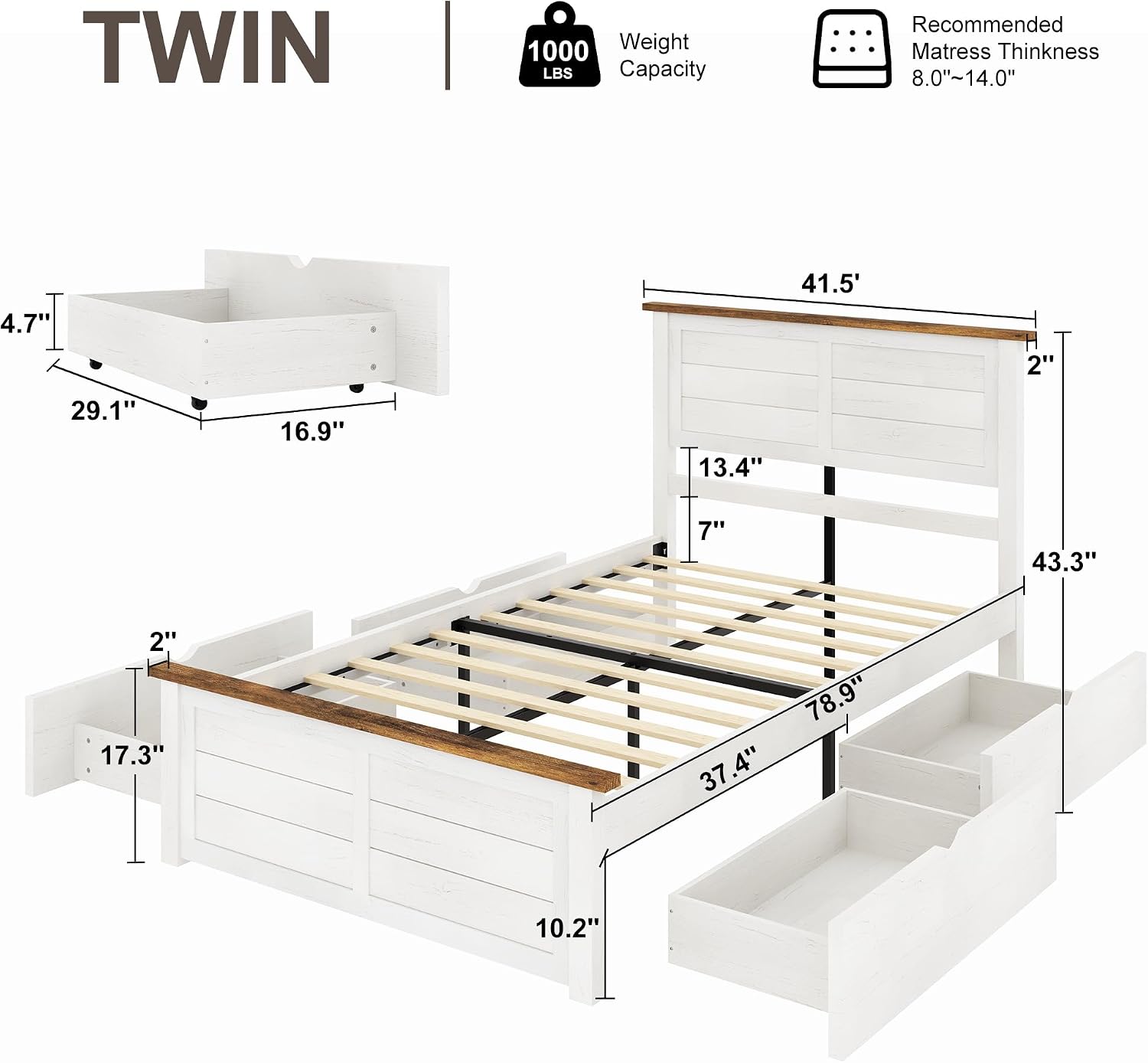 LUXOAK Twin Size Farmhouse Wooden Bed Frame with Headboard and 4 Sliding Drawers, Barn Door Panel Platform Bed with Wood Slats, Heavy Duty Mattress Foundation, Non-Slip & Noise-Free, Antique White
