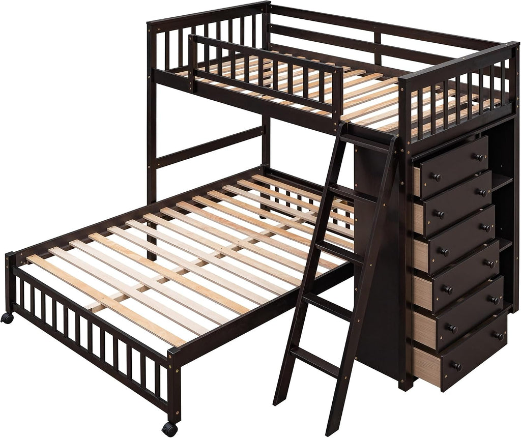 Ball & Cast Wooden Twin Over Full Bunk Bed with 6 Drawers & Flexible Shelves,Bottom Bedframe W/Wheel,Easy Assembly,Space Saving,Versatile Storage Furniture for Boy Girl Teen Compact Bedroom,Espresso