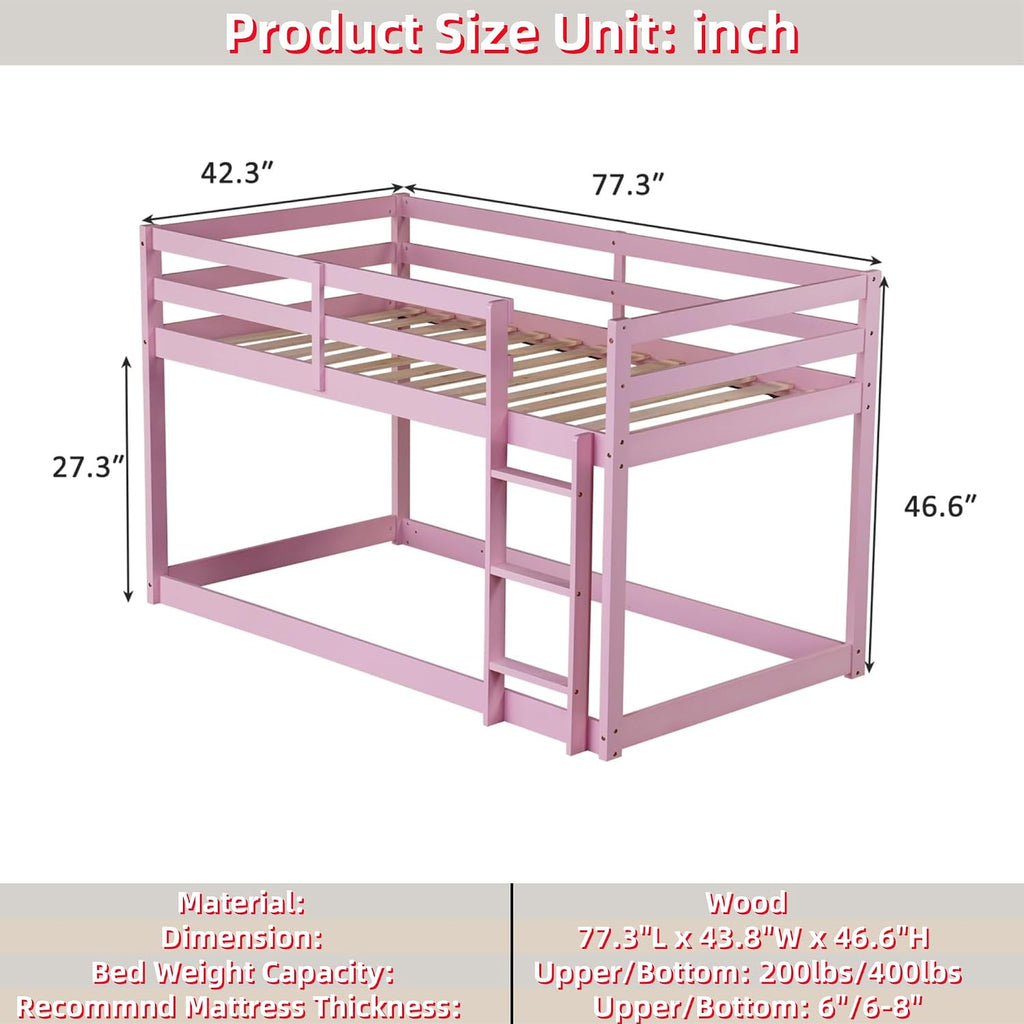 Bunk Bed Twin Over Twin, Floor Bunk Bed with Ladder, Safety Guard Rails, Heavy Duty Wooden Twin Bunk Beds Frame Low Bunkbeds No Box Spring Required, Pink
