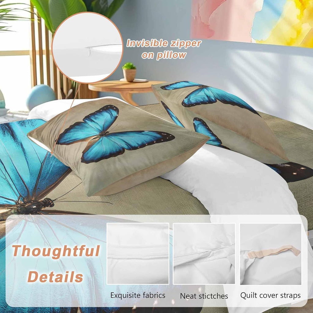Prime Leader Blue Butterfly Duvet Cover Set Queen Size 4 Pieces Vintage Brown Retro Bug Farm Bedding Set with Zipper Closure, 1 Comforter Cover 92x106 Inches 1 Flat Sheet & 2 Pillow Cases
