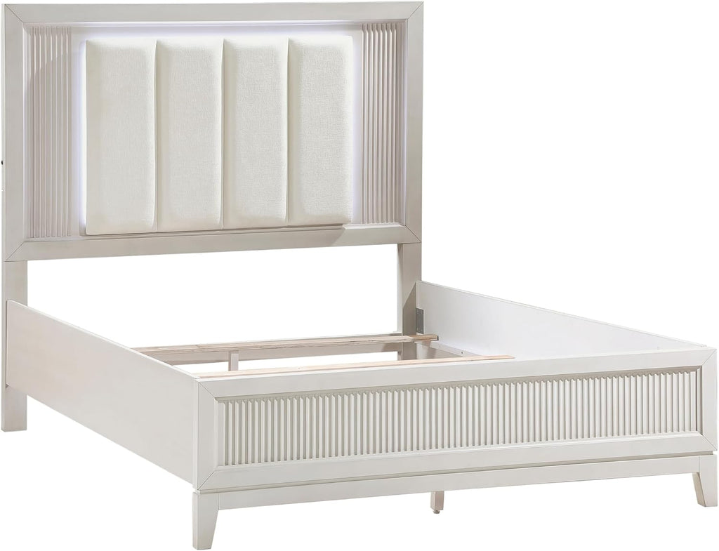 Modern Antique White Finish Bedroom Set 5 Piece Queen Size Bed with LED Light Wooden Furniture