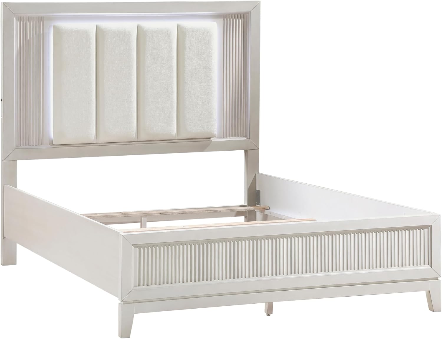Modern Antique White Finish Bedroom Set 5 Piece Queen Size Bed with LED Light Wooden Furniture