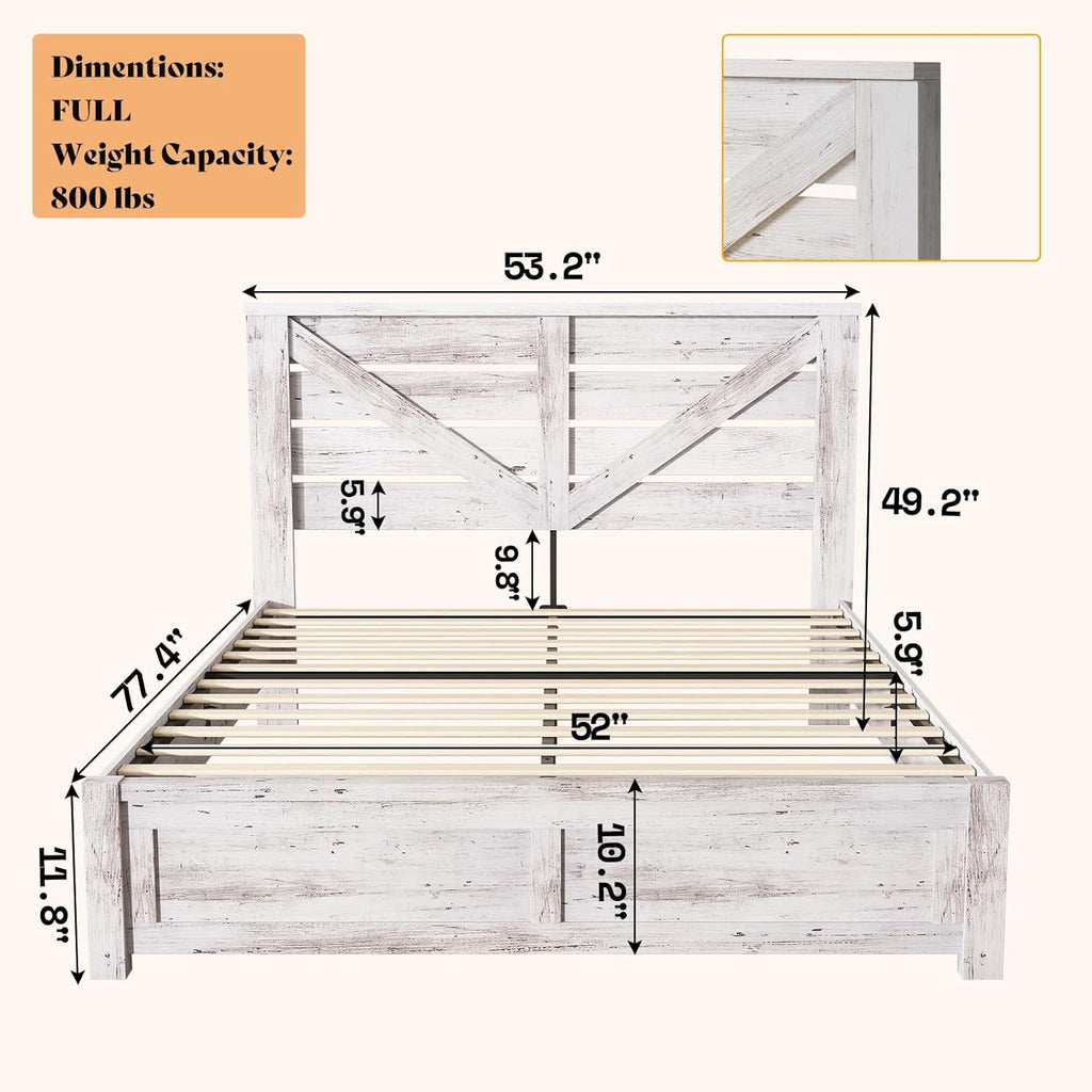 AMERLIFE Full Size Bed Frame with 49.2' Barn Door Headboard and Footboard, Farmhouse Platform Bed Frame with Wood Slats, No Box Spring Needed, Under Bed Storage, Distressed White
