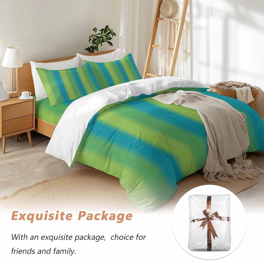 Green Blue Gradient Duvet Cover Set Queen Size 4 Pieces Color Striped Ombre Modern Minimalist Art Bedding Set with Zipper Closure, 1 Comforter Cover 90x92 Inches 1 Flat Sheet & 2 Pillow Cases