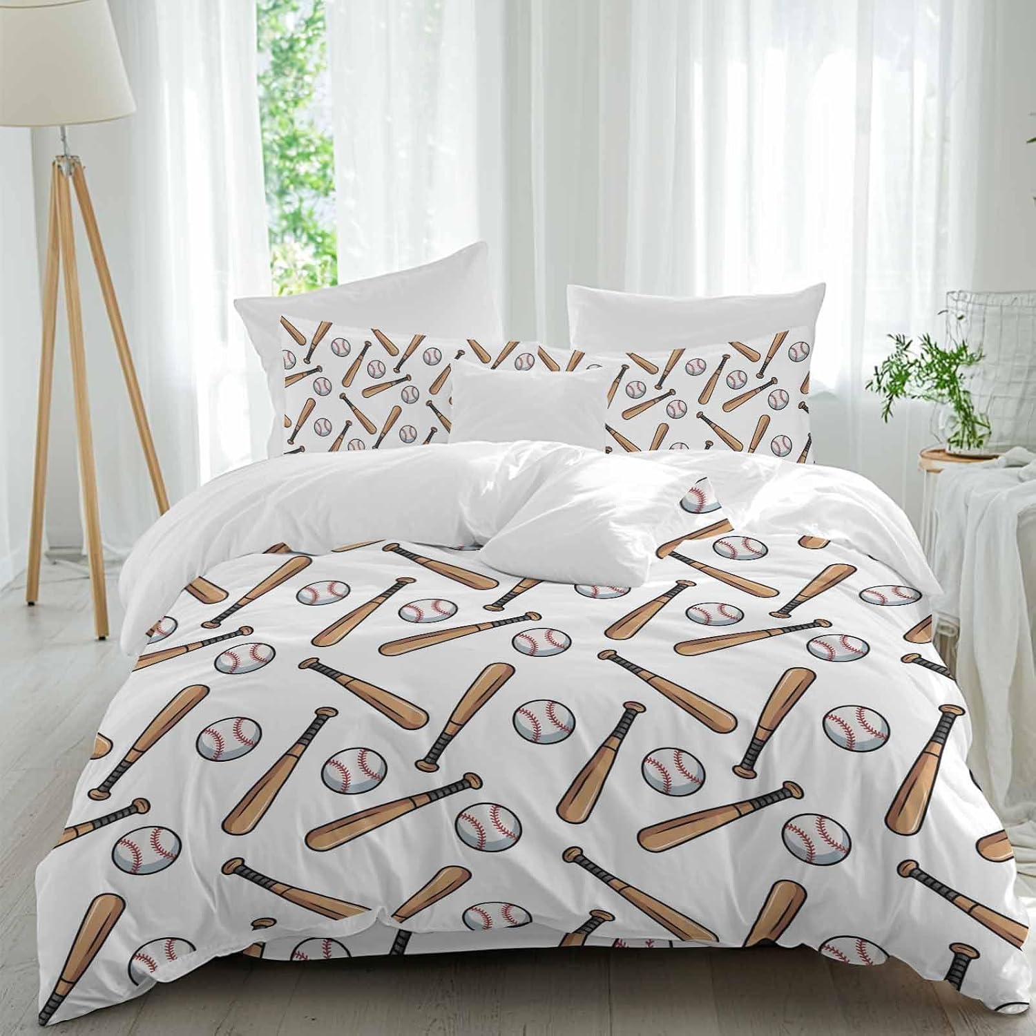 Baseball Duvet Cover Set Queen Size 4 Pieces Retro Sports Style Baseball Bats Minimalist Modern Bedding Set with Zipper Closure, 1 Comforter Cover 92x106 Inches 1 Flat Sheet & 2 Pillow Cases