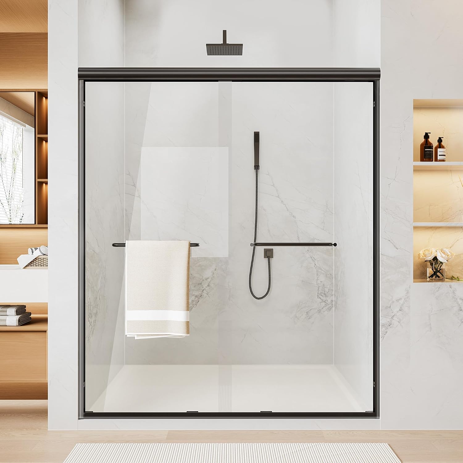 Findepot 44-48' W x 70' H Double Sliding Shower Door, Semi-Frameless Shower Door with 1/4'(6mm) Clear Tempered Glass, Silent Soft-Close Door for Walk-in Shower, Matt Black