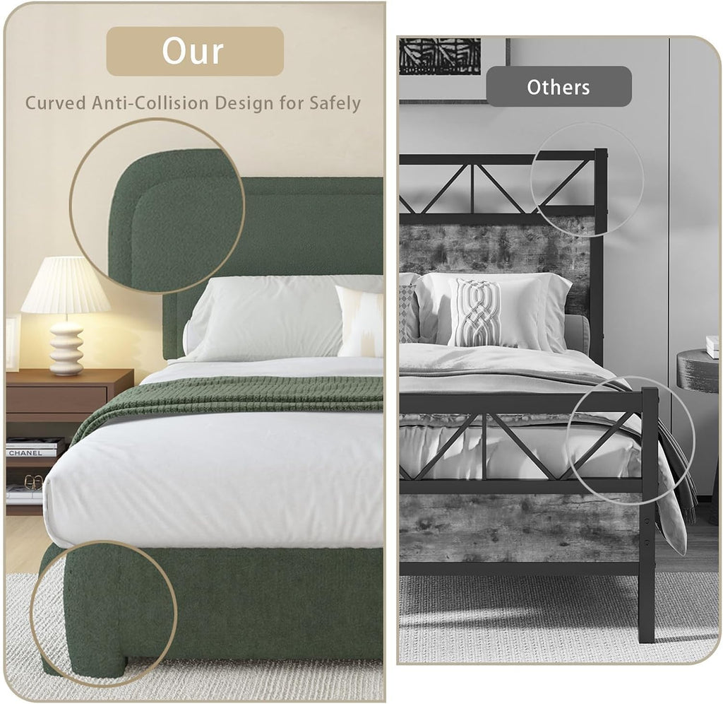 BarnFurin Full Size Bed Frame with Headboard, Boucle Upholstered Platform Bed Frame, Soft Rounded Corners, No Box Spring Required, Non-Slip and Noise-Free, Easy Assembly, Green