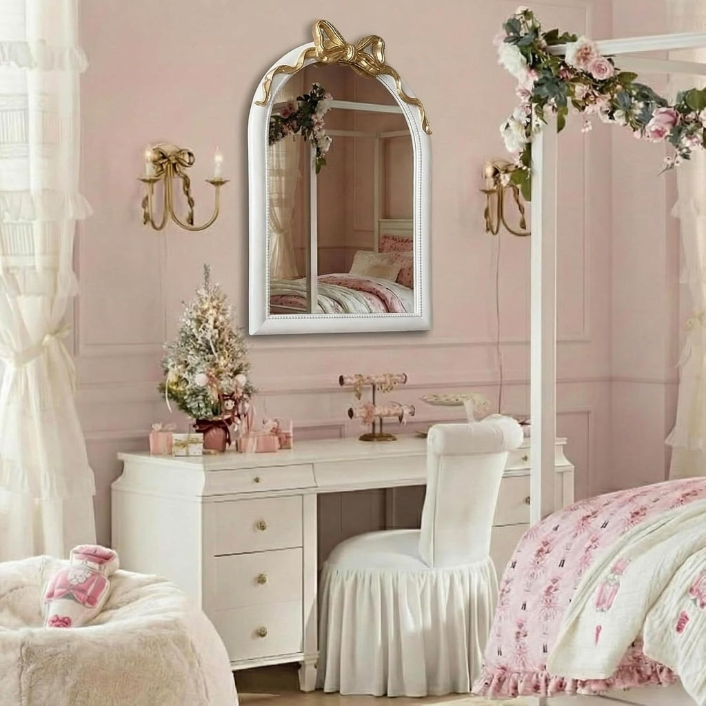 36x24 Arched White Bow Wall Mirror with Gold Ribbon, Vintage Vanity Mirror for Bedroom & Nursery Decor, Cute Coquette Aesthetic Engineered Wood Frame, Shabby Chic Style