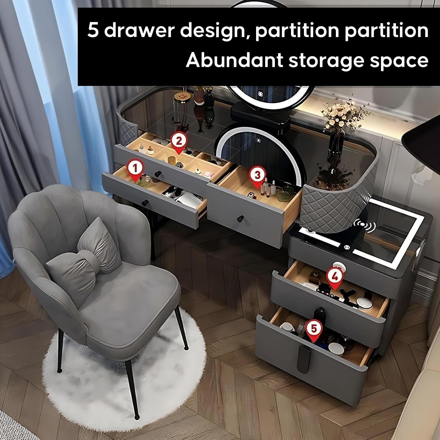 Vanity Desk, Simple Vanities with Chair and Side Cabinet with Drawers, Modern Dressing Table with LED Smart Round Mirror and Tempered Glass Countertop, Solid Wood Bedroom Makeup Vanity (Grey,47')