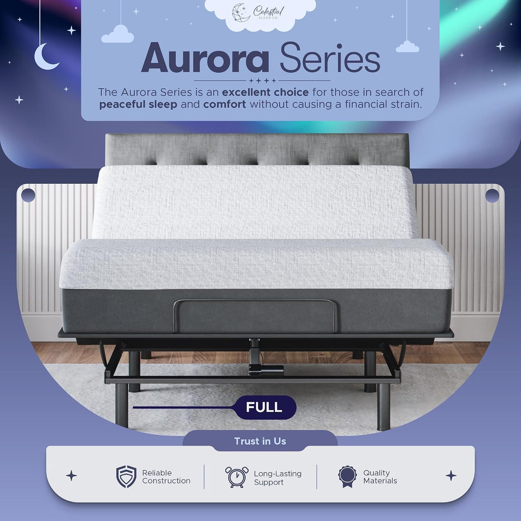 Celestial Aurora Adjustable Bed Base (Frame) + 10 inch Gel Memory Foam Mattress (Medium), Easy Assembly, Head and Foot Lift, Zero Gravity, Memory Positions, CertiPUR-US Bed - Full