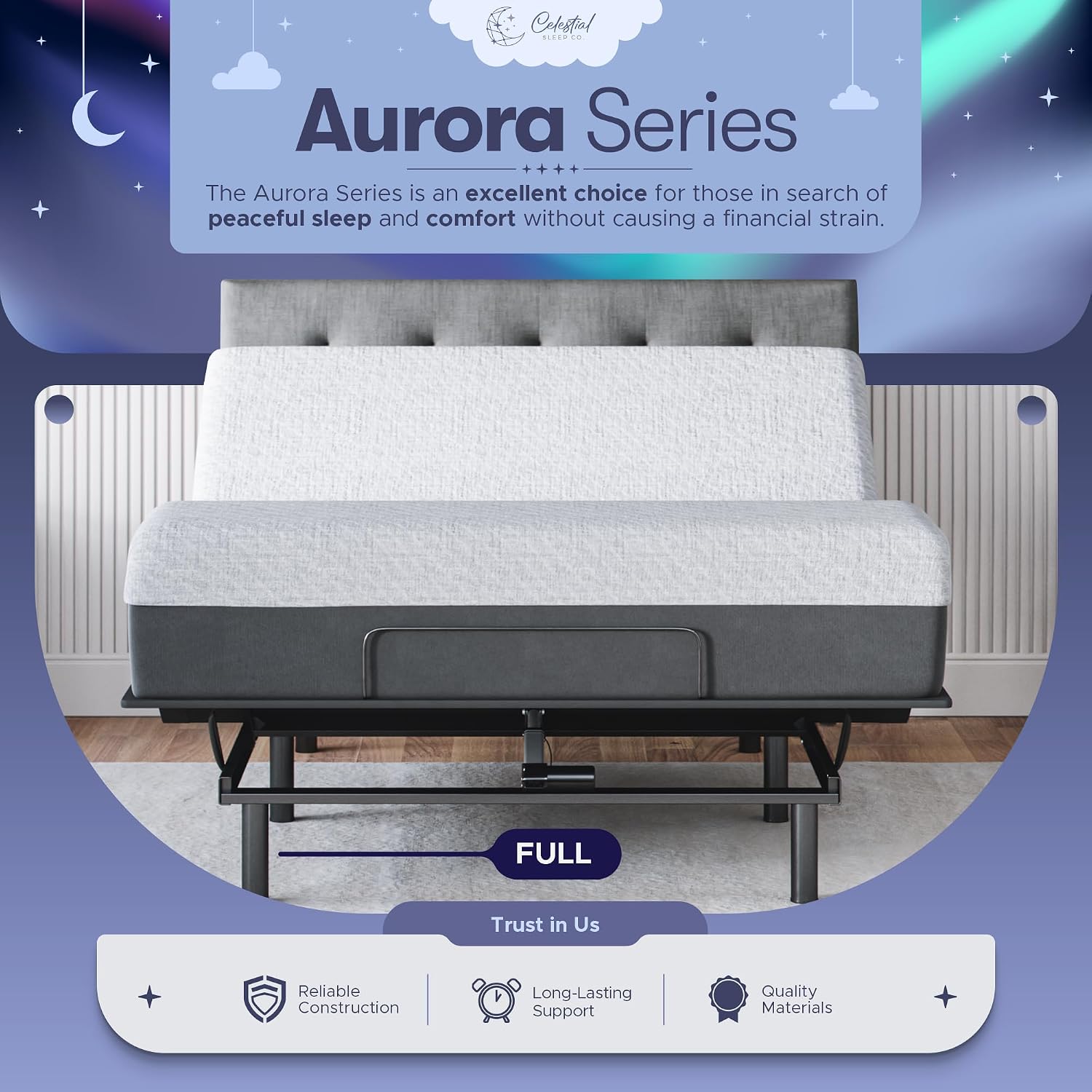 Celestial Aurora Adjustable Bed Base (Frame) + 10 inch Gel Memory Foam Mattress (Medium), Easy Assembly, Head and Foot Lift, Zero Gravity, Memory Positions, CertiPUR-US Bed - Full