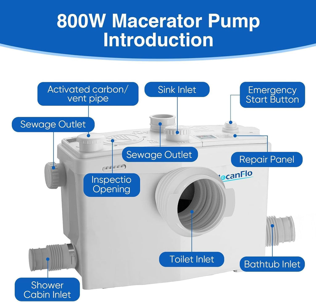 800W Upflush Toilet with Pump for Basement, Macerating Toilet System, Patented Top Access Panel, Two Piece Dual-flush Tank, 4 Inlets Macerator Grinder Sewage Pump, 36ft Head Lifting, CEC Approved