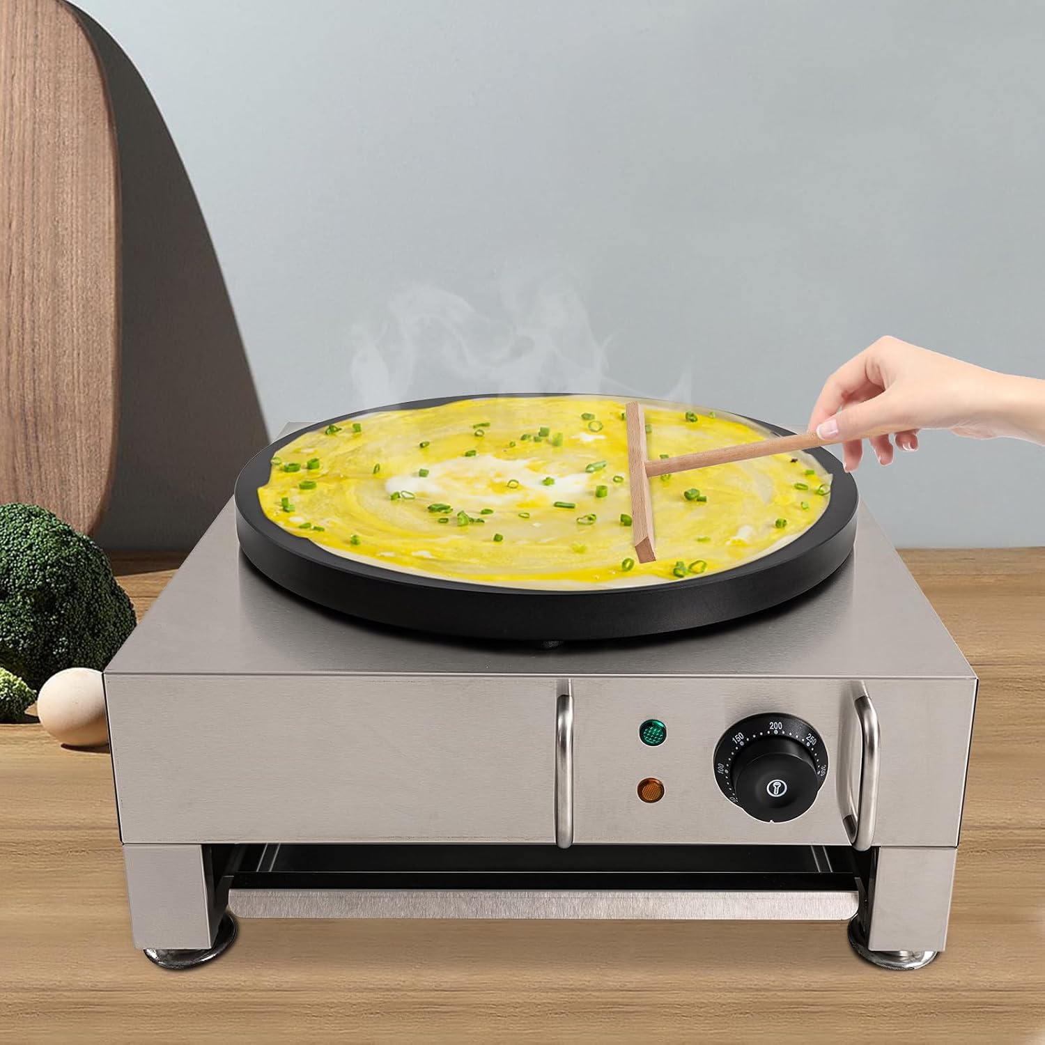 16 Inch Commercial Crepe Maker 2200W Electric Pancake Maker with Nonstick Round Crepe Hotplate Griddle Machine Adjustable Temperature for Blintzes, Eggs, Tortilla