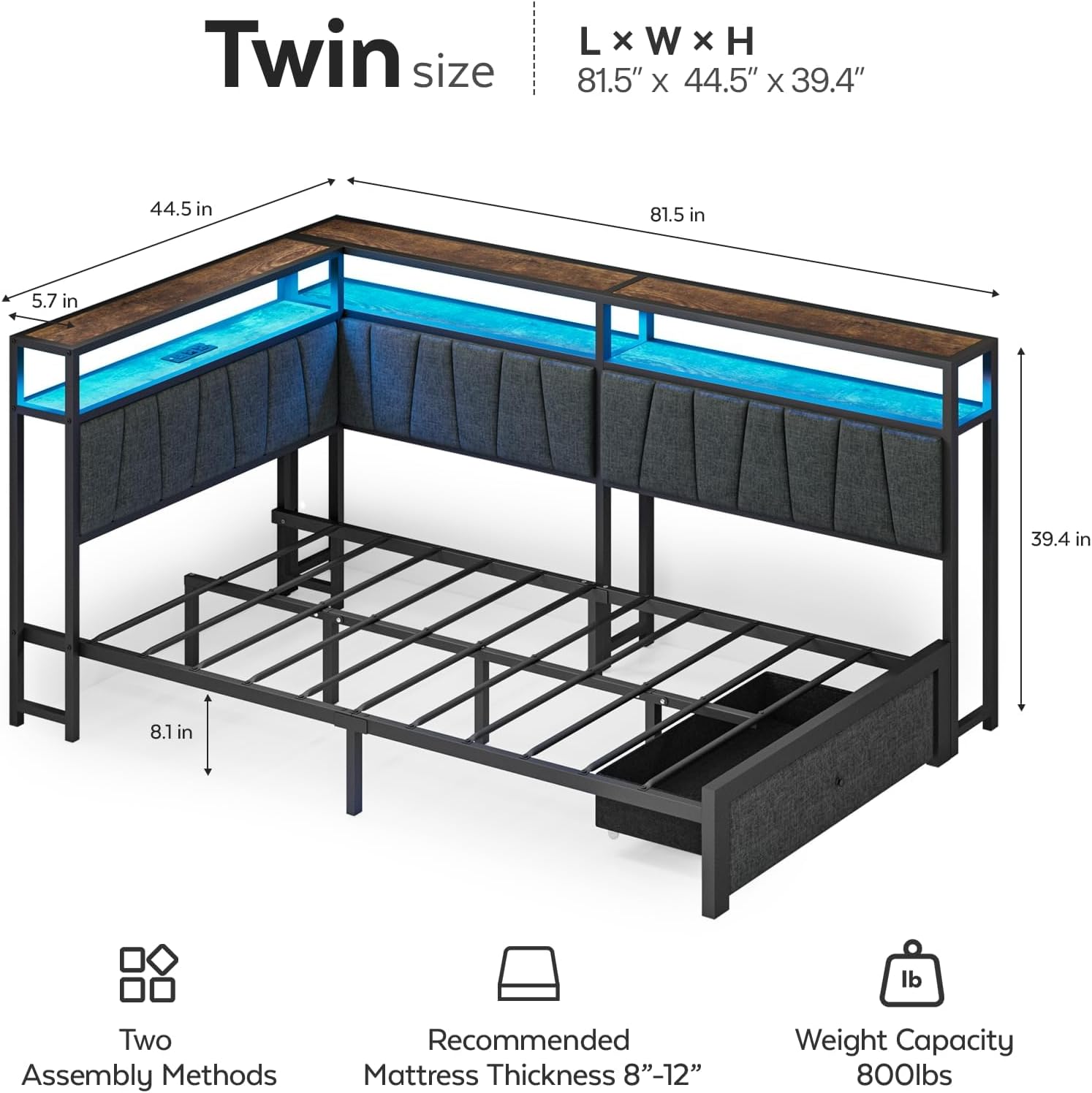 Twin Corner Bed Frame with Storage Drawers, Modern Daybed with LED Lights and Charging Station, Metal Twin Platform Bed Frame with Linen Upholstered Guardrail for Dorm Bedroom, Gray