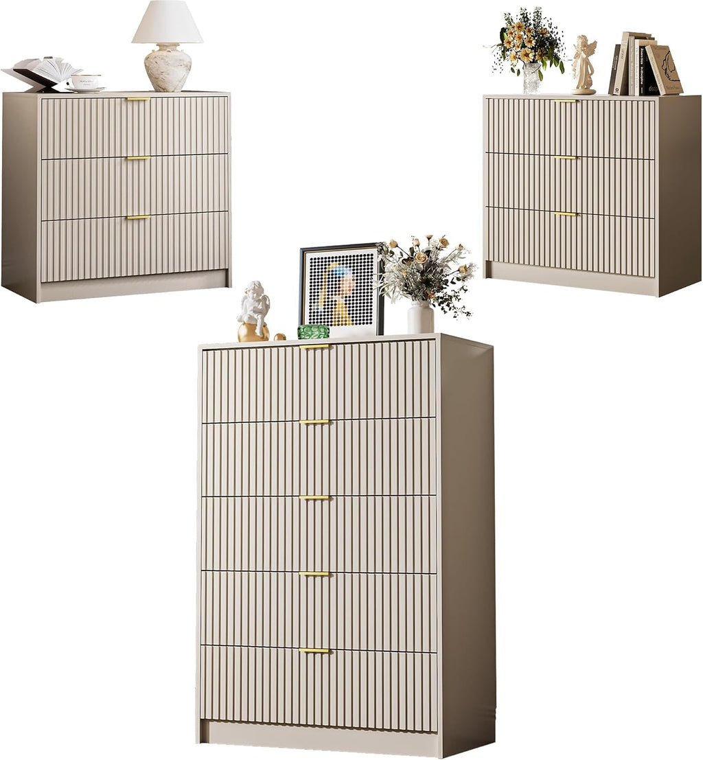 MAISONARIA 3-Piece Dresser Bedroom Set, 5 Drawer Dresser & 3 Drawer Nightstands with Gold Handles, Fluted Wood Chest of Drawers for Bedroom, Living Room, Entryway, Beige