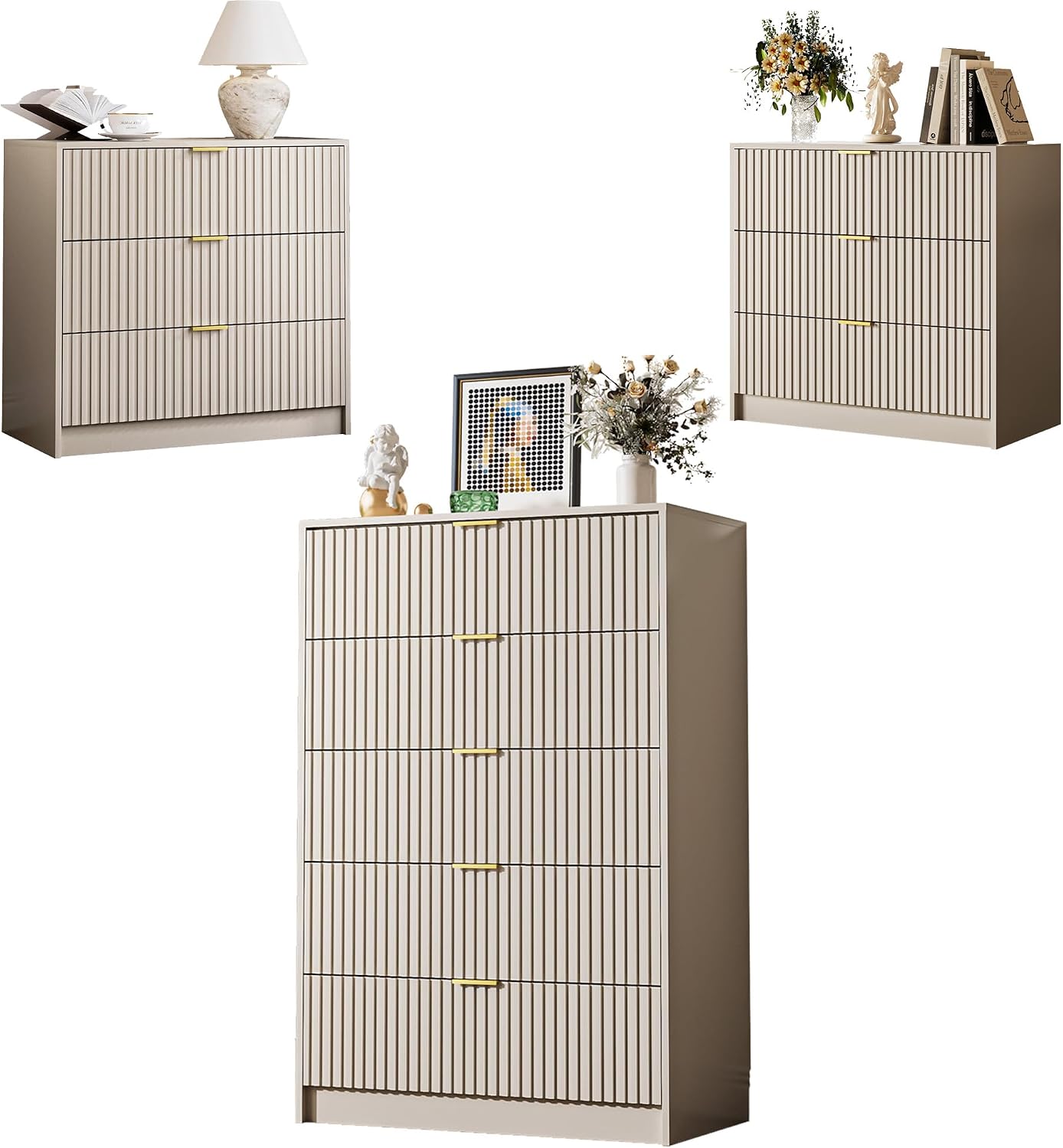 MAISONARIA 3-Piece Dresser Bedroom Set, 5 Drawer Dresser & 3 Drawer Nightstands with Gold Handles, Fluted Wood Chest of Drawers for Bedroom, Living Room, Entryway, Beige