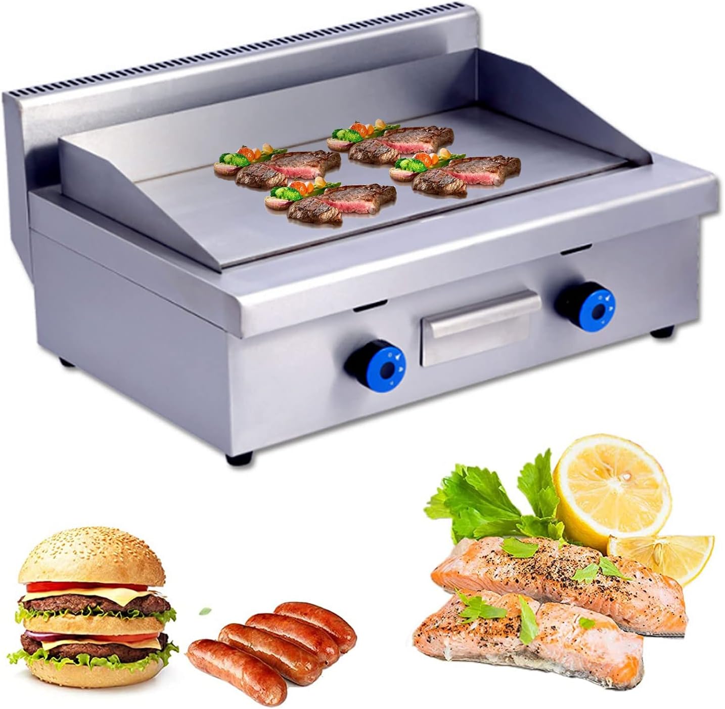 Commercial Propane Gas Griddle, 2 Stainless Steel Burner Tabletop Gas, Portable Table Ttop Grill, Large Non-Stick Steel Griddle, Teppanyaki Cooking Plate, Stainless Steel Portable Flat Top Grill,720