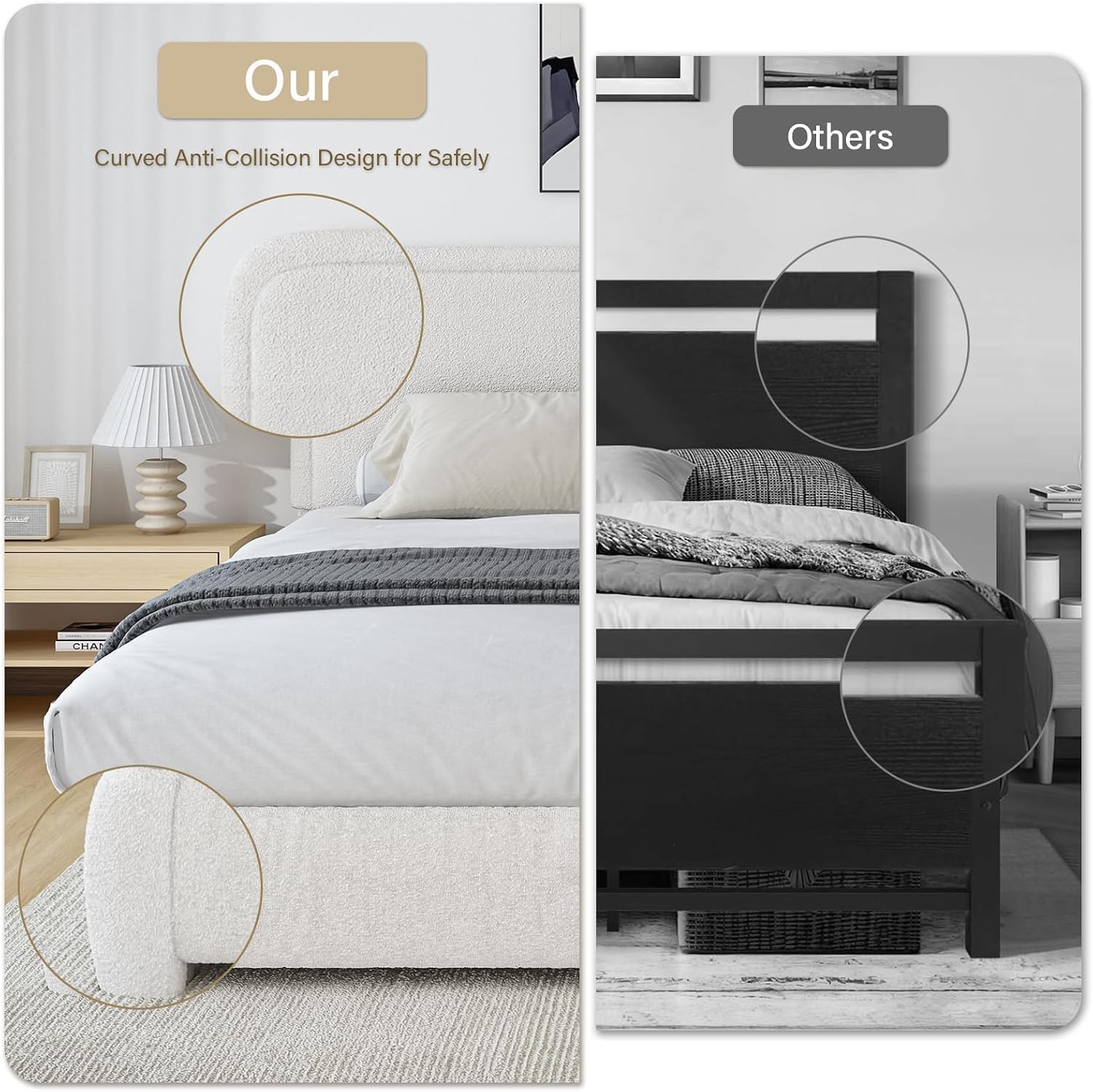 BarnFurin Queen Size Bed Frame with Headboard, Boucle Upholstered Platform Bed Frame, Soft Rounded Corners, No Box Spring Required, Easy Assembly, Beige