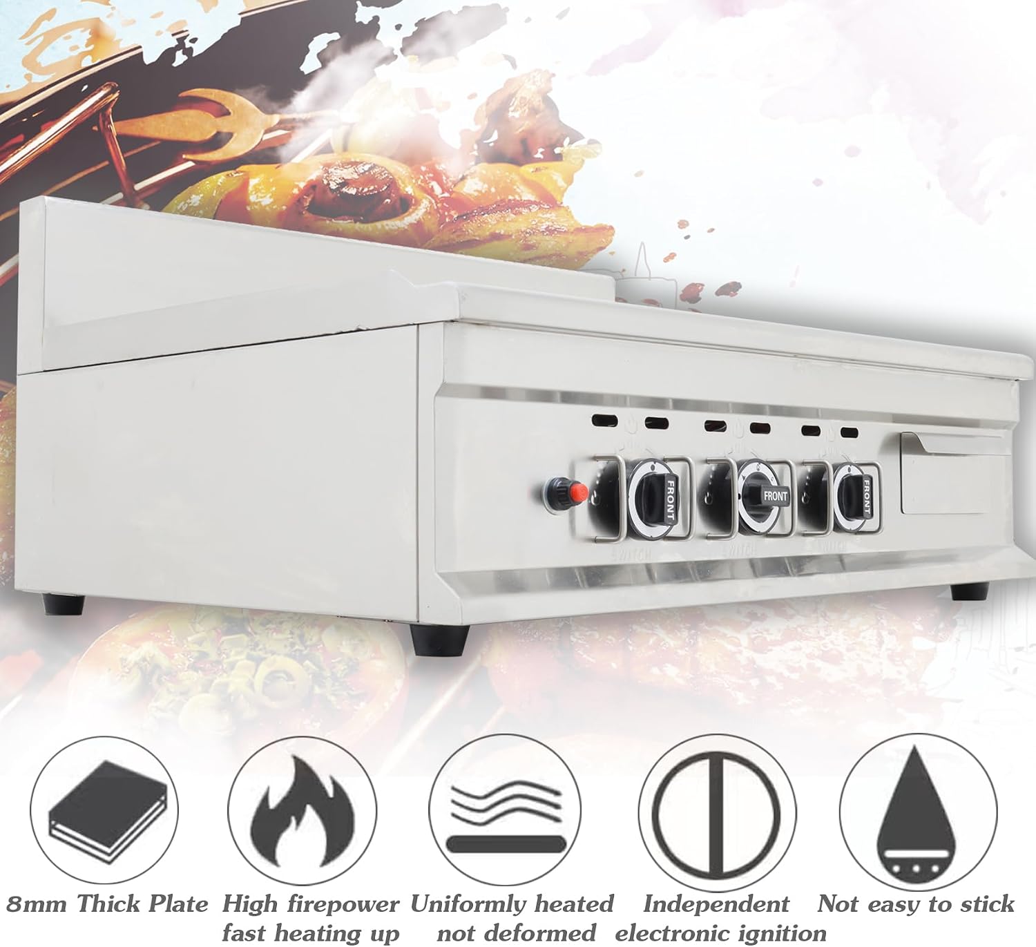 INTSUPERMAI Commercial Grill Griddle LPG Countertop Griddle 2800Pa Flat Top Grill Hot Plate Stove Stainless Steel Teppanyaki Grill Plate Size 35.63×21.65 in for Restaurant Kitchen Camping Outdoor BBQ
