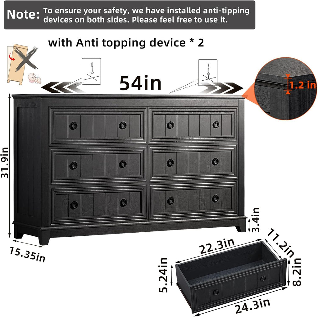 Joaxswe Farmhouse Furniture Set, Nightstands Set of 2 and 6 Drawers Dresser for Bedroom, 54 Inch Wide Wood Dresser and 18' Night Stands with Charging Station for Bedroom, Living Room, Hallway