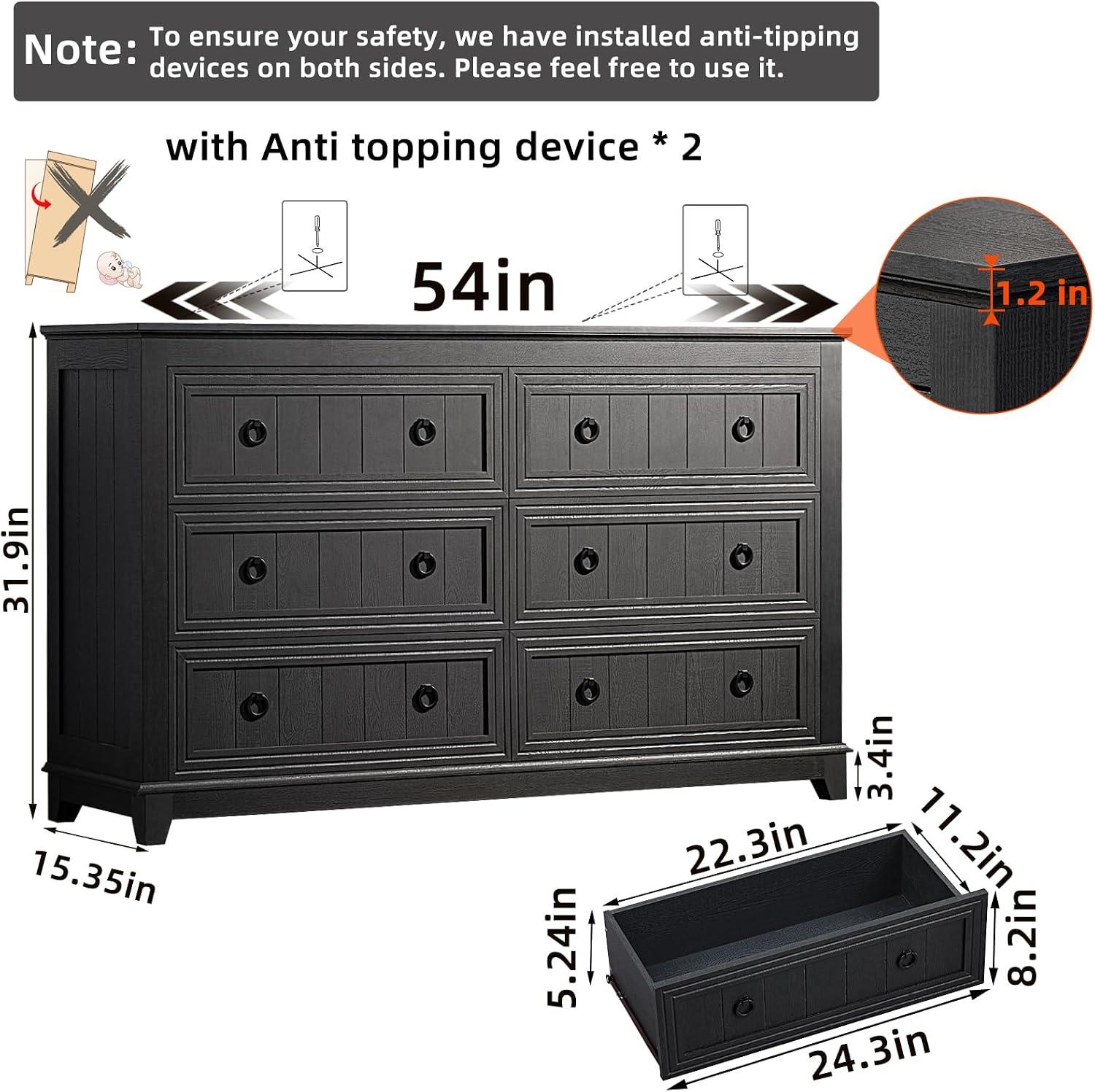 Joaxswe Farmhouse Furniture Set, Nightstands Set of 2 and 6 Drawers Dresser for Bedroom, 54 Inch Wide Wood Dresser and 18' Night Stands with Charging Station for Bedroom, Living Room, Hallway