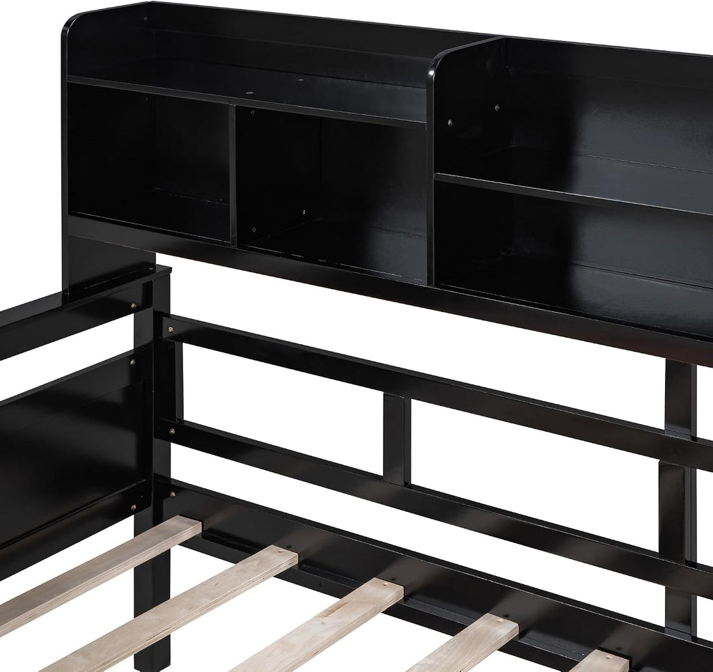 Merax Daybed with Bedside Shelves and 2 Drawers, Wooden Slats Support, Modern Living Daybed with Rails, Twin Size, Espresso