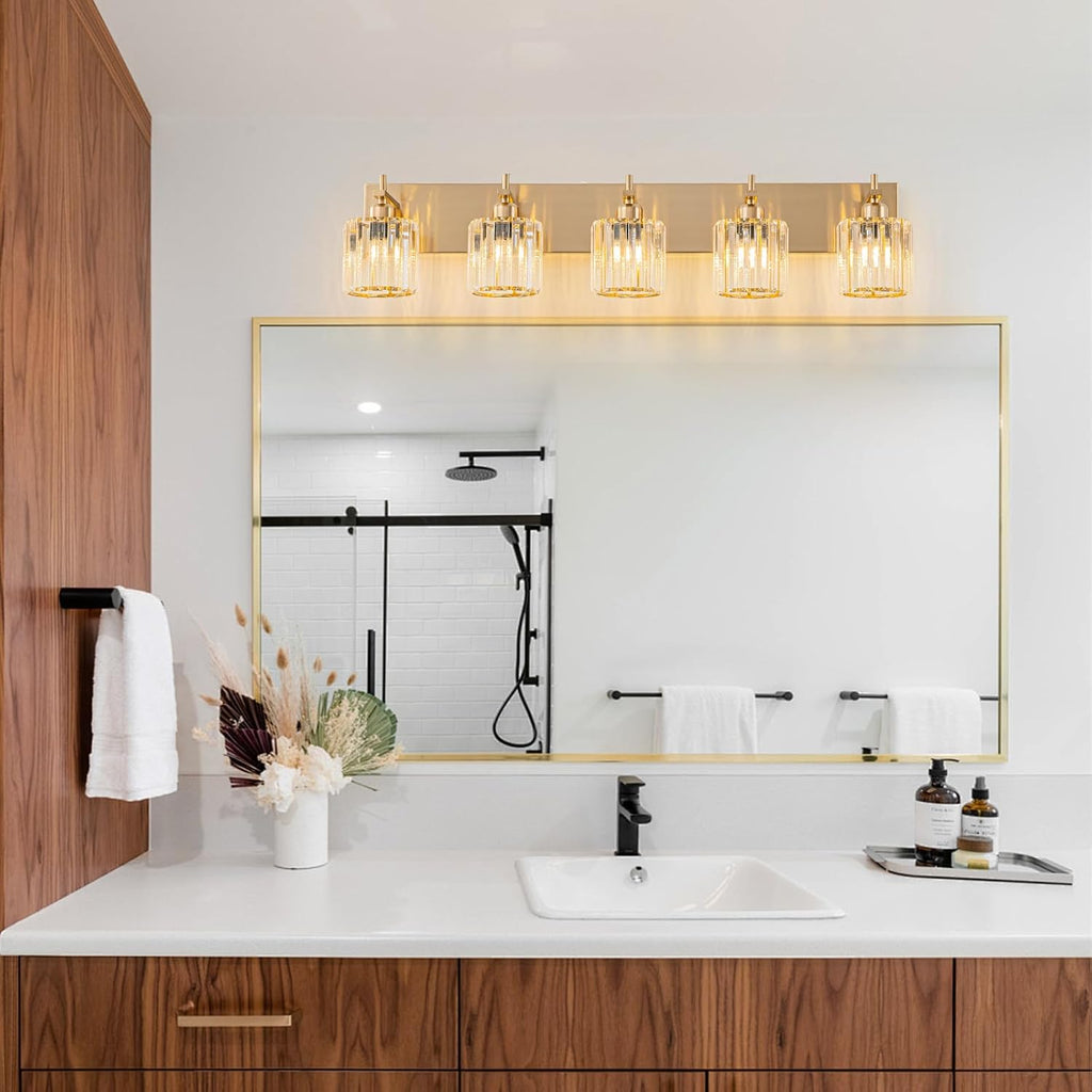 Modern Crystal Bathroom Vanity Lights, Gold 5-Lights Bathroom Light Fixtures Over Mirror, Crystal Wall Lighting with Polished Brass Finish