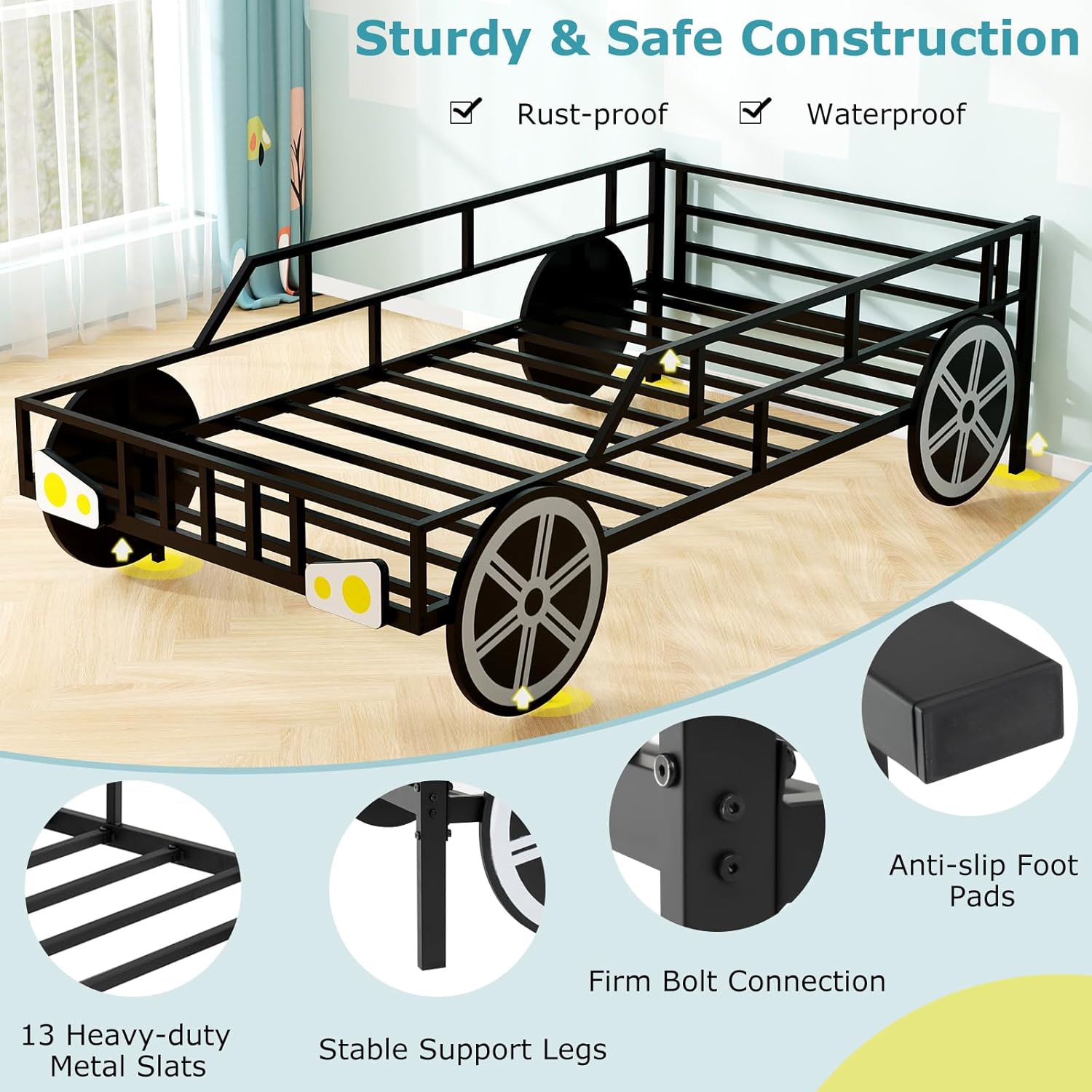 Costzon Twin Bed Frames for Kids, Car-Shaped Metal Bed with Wheels Decorations, Safety Guardrails, No Box Spring Needed, Fits Standard Twin Mattress (Mattress Not Included), Twin Bed for Boys Girls