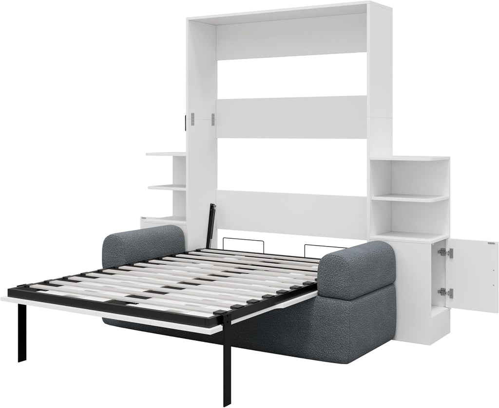 Full Wood Murphy Bed with Sofa,Shelves and Cabinets,Modern Foldable Wall Bed with Headboard,Couch and Armrest,for Home Office or Small Room,Space Saving,No Box Spring Needed,Gray