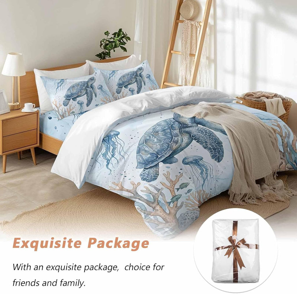 Marine Life Duvet Cover Set Queen Size 4 Pieces Blue Sea Turtle Jellyfish Fish Brown Coral Watercolor Bedding Set with Zipper Closure, 1 Comforter Cover 92x106 Inches 1 Flat Sheet & 2 Pillow Cases