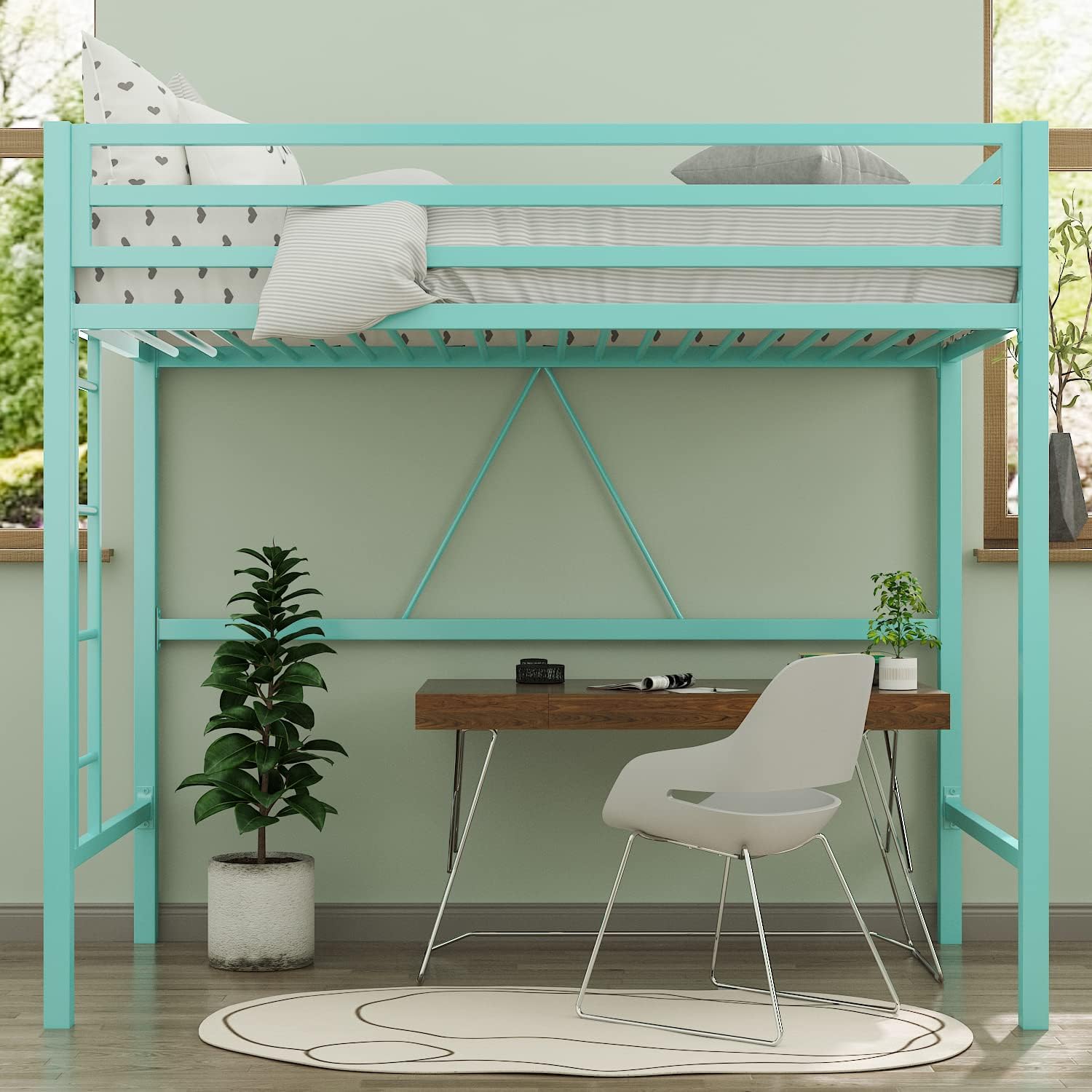 MUTICOR Twin Loft Bed Frame for Juniors and Adults with Safety Guardrail and Ladder,Metal Slats Support, Small Space Saving Furniture for Bedroom Kids Room and Dorm,Aqua Green