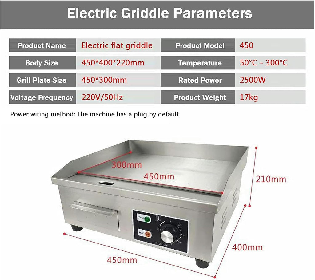 Electric Commercial Griddle Plate, 2500W Electric Countertop Flat Top Griddle with Adjustable Thermostat Removable Oil Drawer Splash Guards, Stainless Steel Restaurant Grill for Kitchen